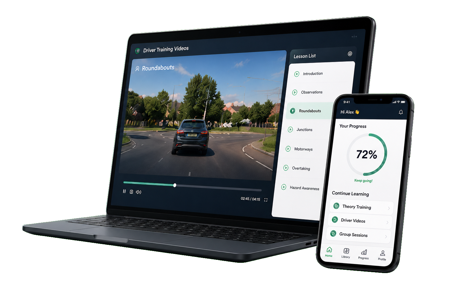 Laptop and phone showing driver training course screens